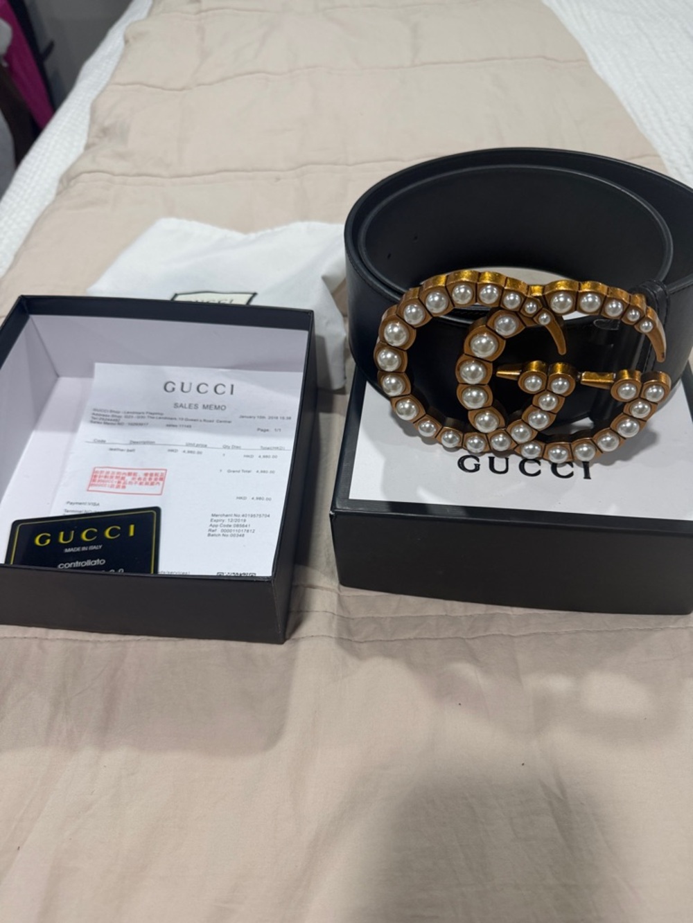 Gucci Black Leather Belt with Pearl-Embellished Gold Double G Buckle size 105-42